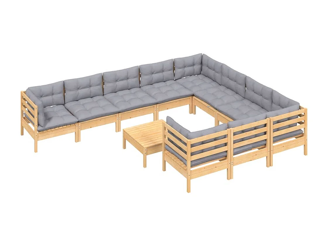Salon de jardin 11 pièces avec coussins gris bois de pin