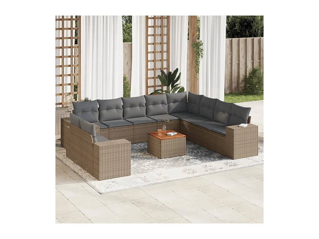 Salon de jardin 11 pièces avec coussins beige résine tressée