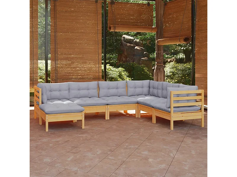 Juego de muebles de jardín 7 piezas y cojines madera maciza pino