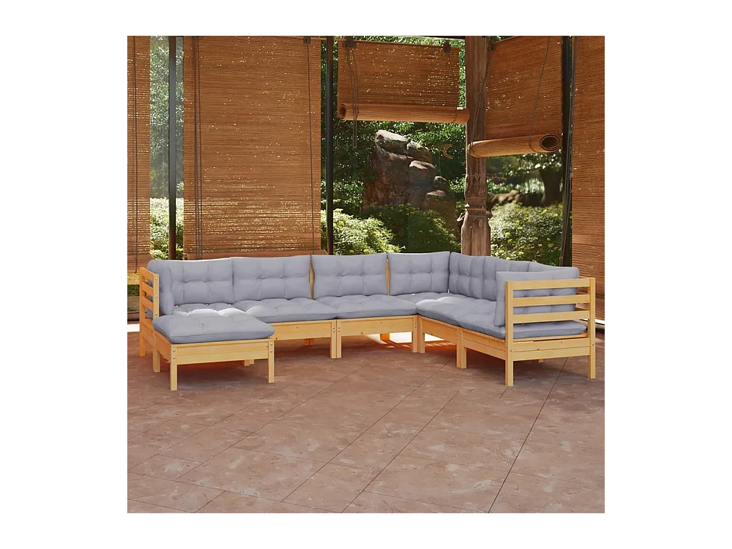 Juego de muebles de jardín 7 piezas y cojines madera maciza pino