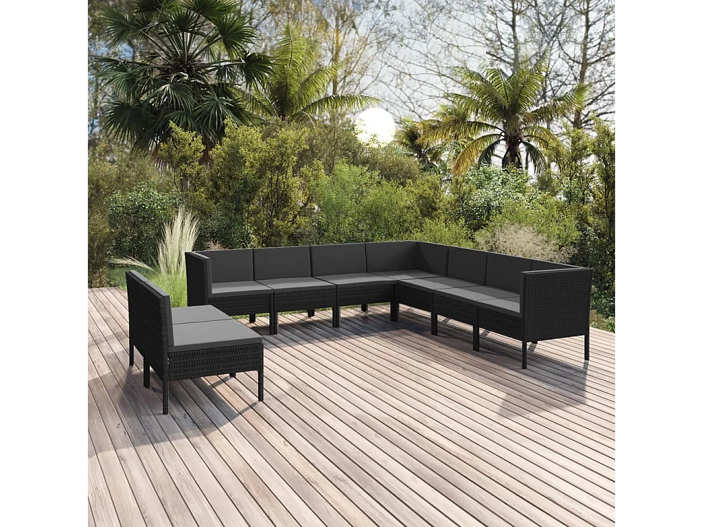 9 peças conjunto lounge de jardim c/ almofadões vime PE preto
