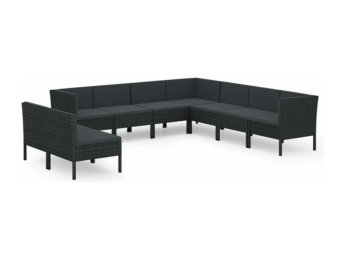 9 peças conjunto lounge de jardim c/ almofadões vime PE preto