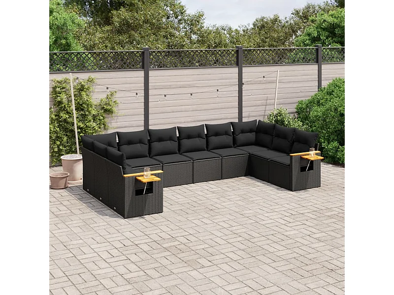 10 peças conjunto sofás de jardim c/ almofadões vime PE preto