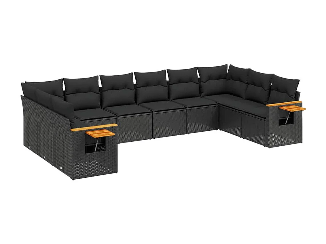 Salon de jardin 10 pièces avec coussins noir résine tressée