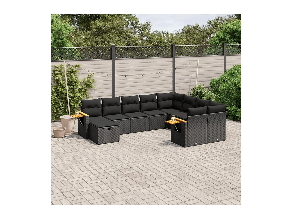 Salon de jardin 10 pièces avec coussins noir résine tressée