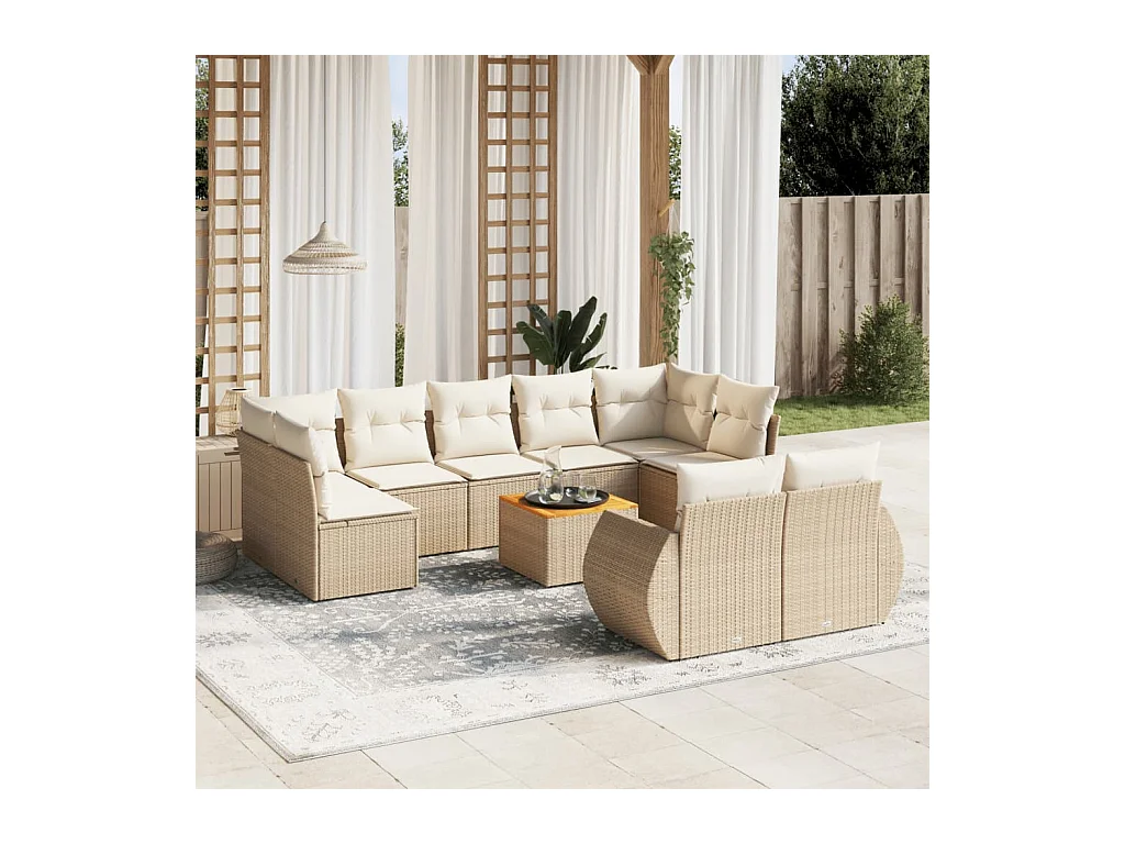 Salon de jardin avec coussins 10 pièces beige résine tressée