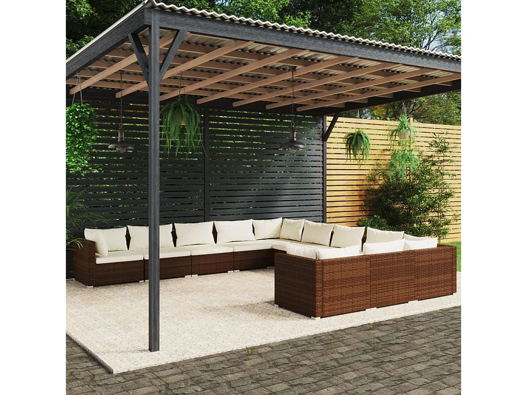 11-delige Loungeset met kussens poly rattan bruin