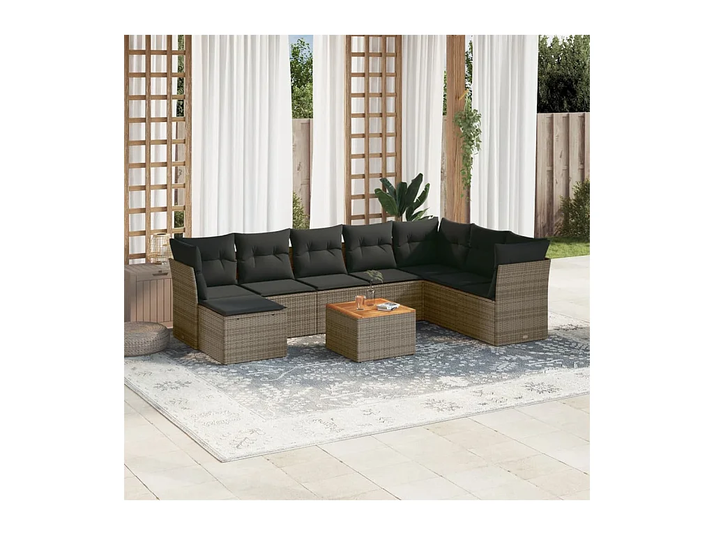 9-delige Loungeset met kussens poly rattan grijs