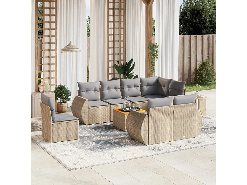 Salon de jardin avec coussins 9 pièces beige résine tressée
