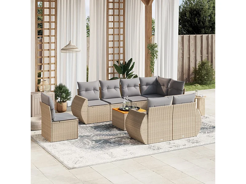 Salon de jardin avec coussins 9 pièces beige résine tressée