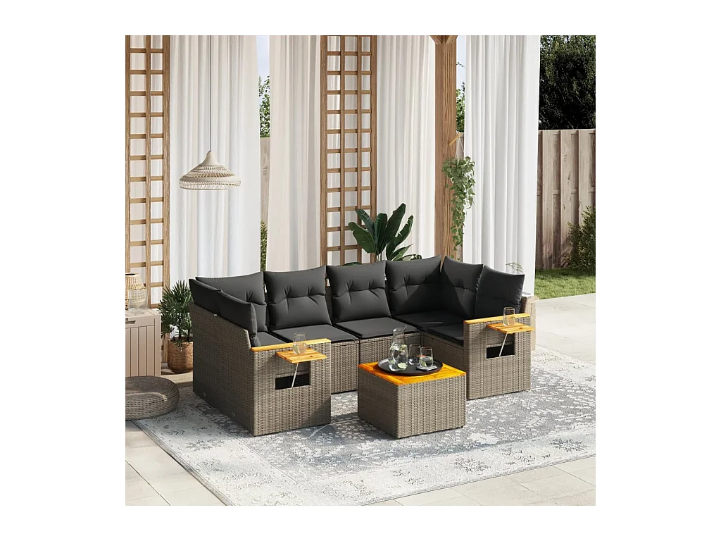 Salon de jardin avec coussins 7 pièces gris résine tressée