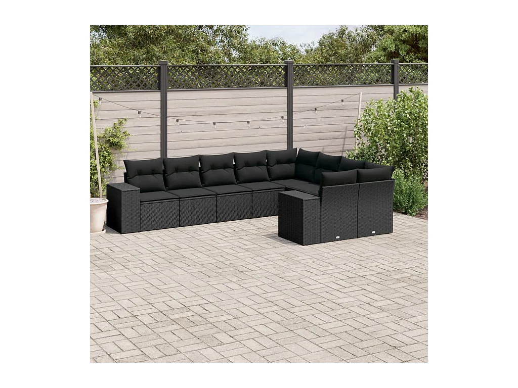 9 peças conjunto de sofás p/ jardim c/ almofadões vime PE preto