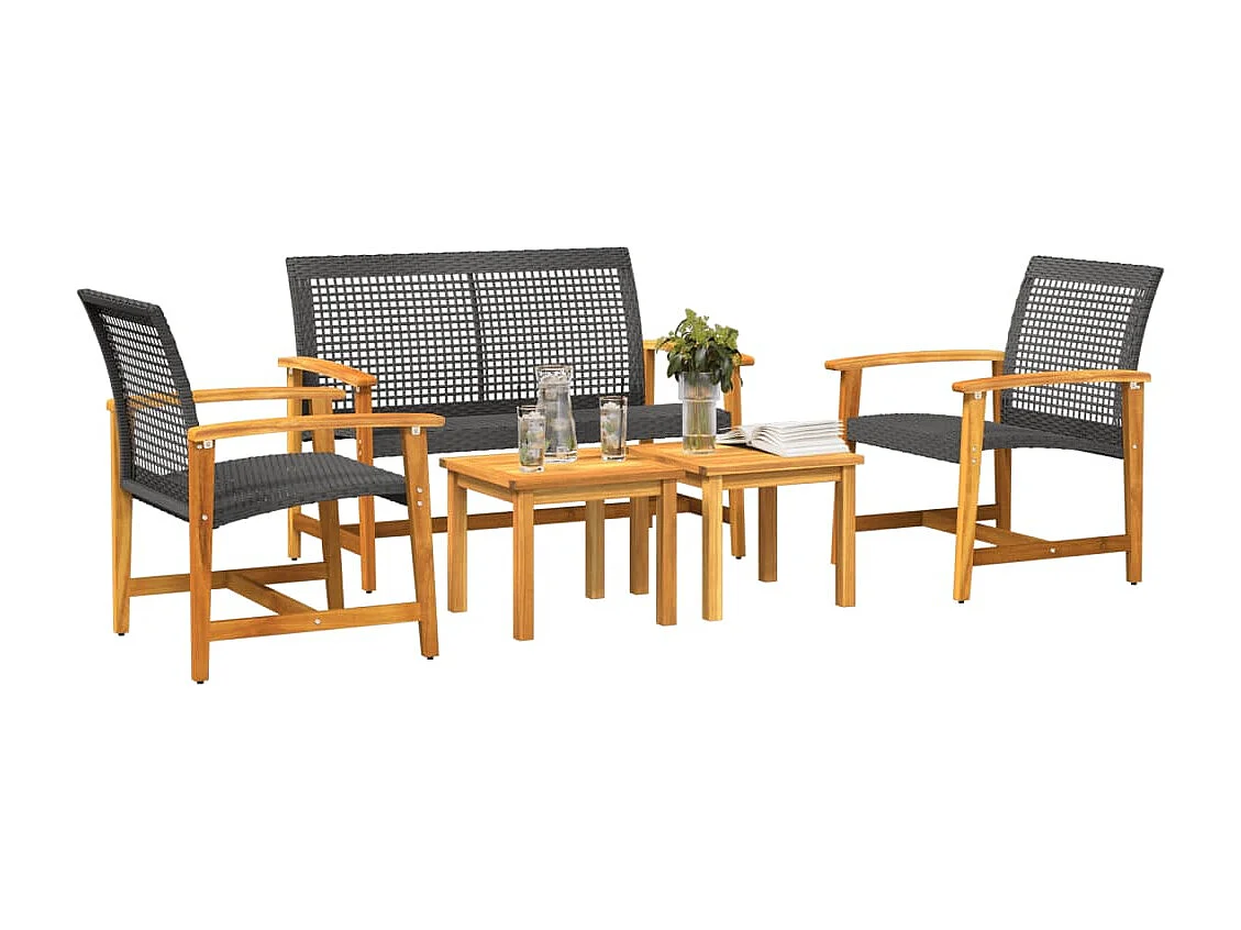 5 peças conj. lounge para jardim vime PE e madeira acácia preto