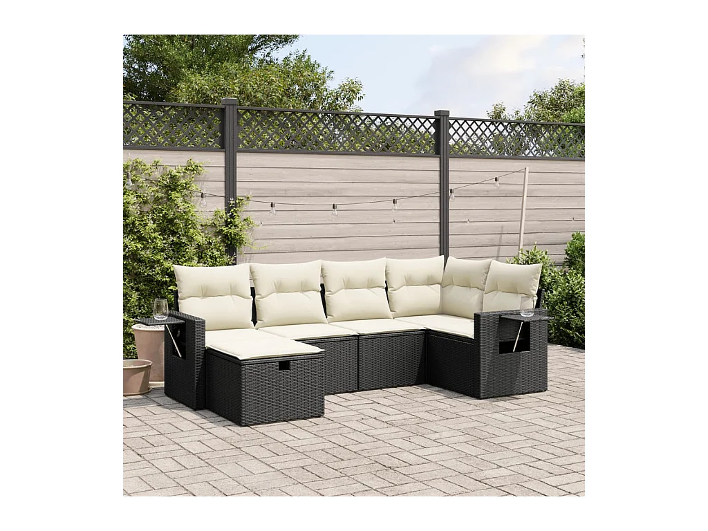 6-delige Loungeset met kussens poly rattan zwart