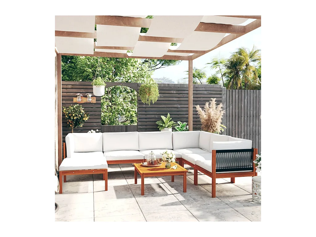 Salon de jardin 8 pièces avec coussins Crème Bois d'acacia solide