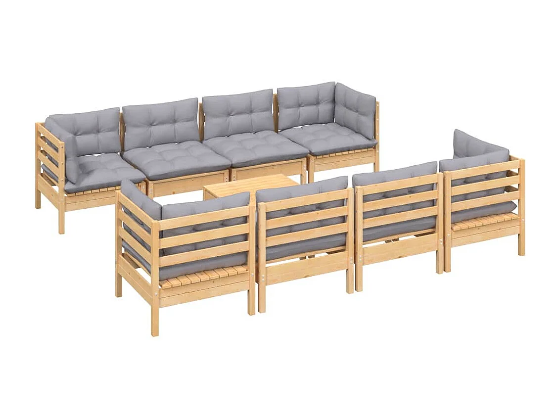 9 peças conjunto lounge de jardim + almofadões cinza pinho maciço