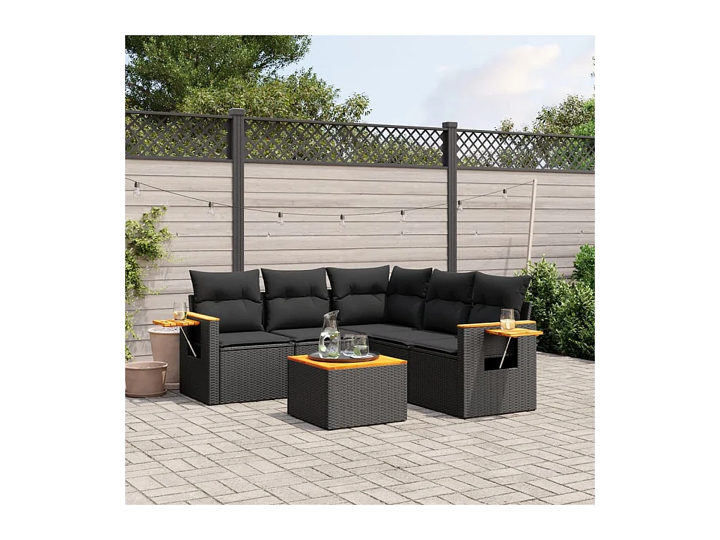 Salon de jardin 6 pièces avec coussins noir résine tressée