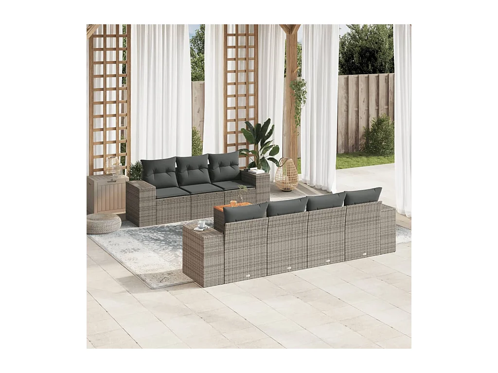 8-delige Loungeset met kussens poly rattan grijs