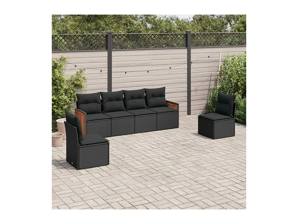 Salon de jardin 6 pièces avec coussins noir résine tressée