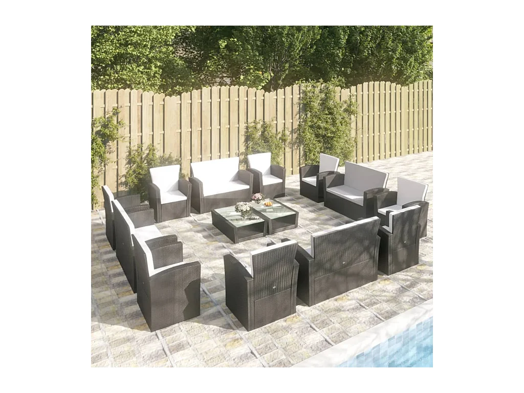 16-delige Loungeset met kussens poly rattan zwart