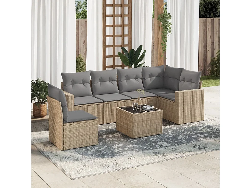 Salon de jardin avec coussins 7 pièces beige résine tressée