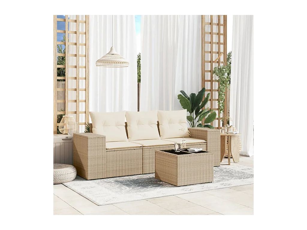 Salon de jardin avec coussins 4 pièces beige résine tressée