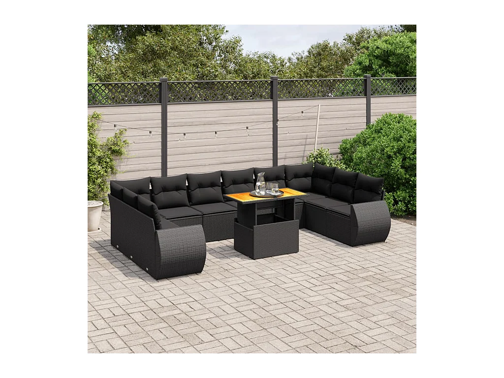 Salon de jardin 11 pièces avec coussins noir résine tressée