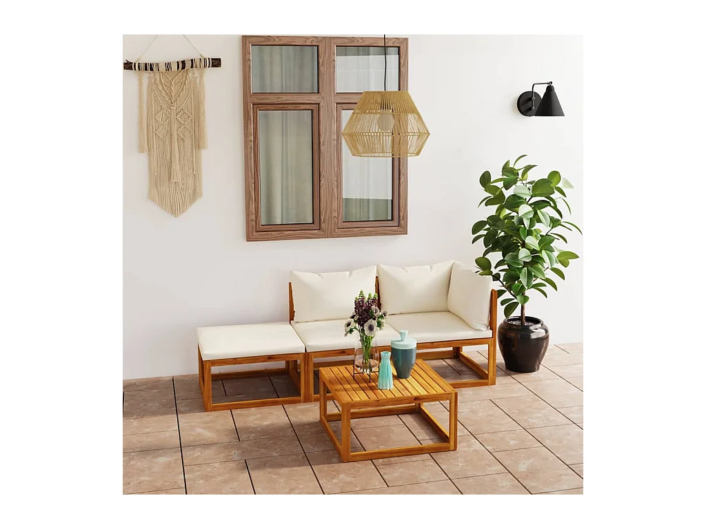 Salon de jardin 4 pièces avec coussin Crème Bois d'acacia solide