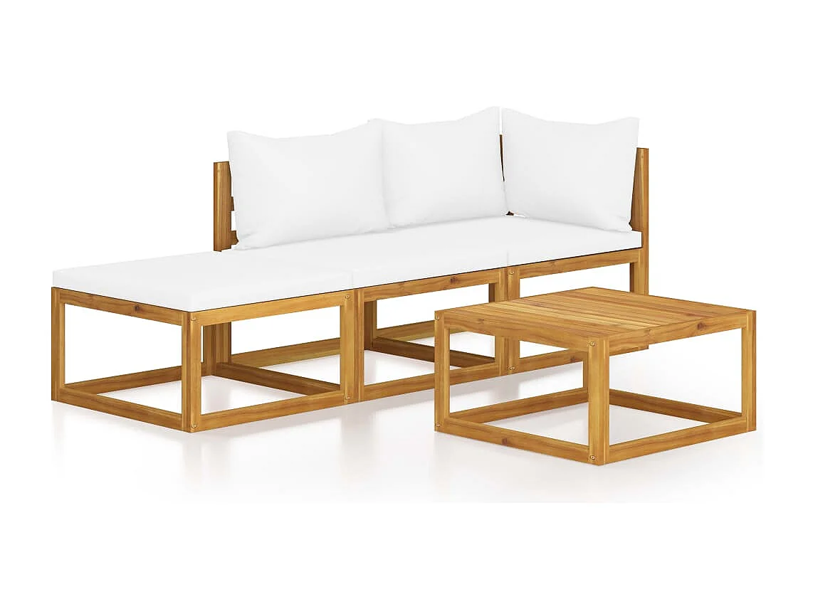 4 peças conj. lounge jardim c/ almofadões cor creme acácia maciça