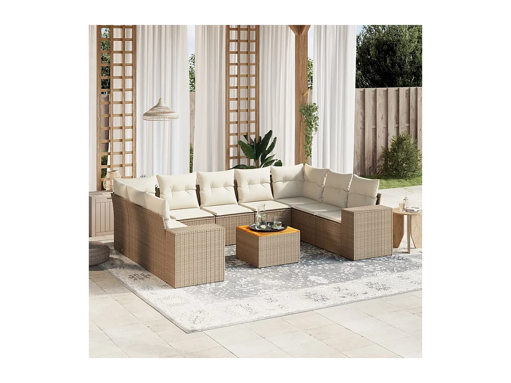 10-delige Loungeset met kussens poly rattan beige