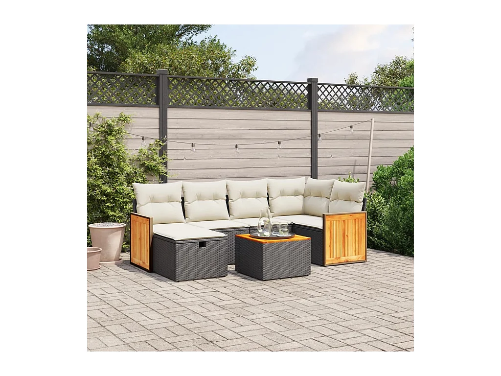 Salon de jardin 7 pièces avec coussins noir résine tressée