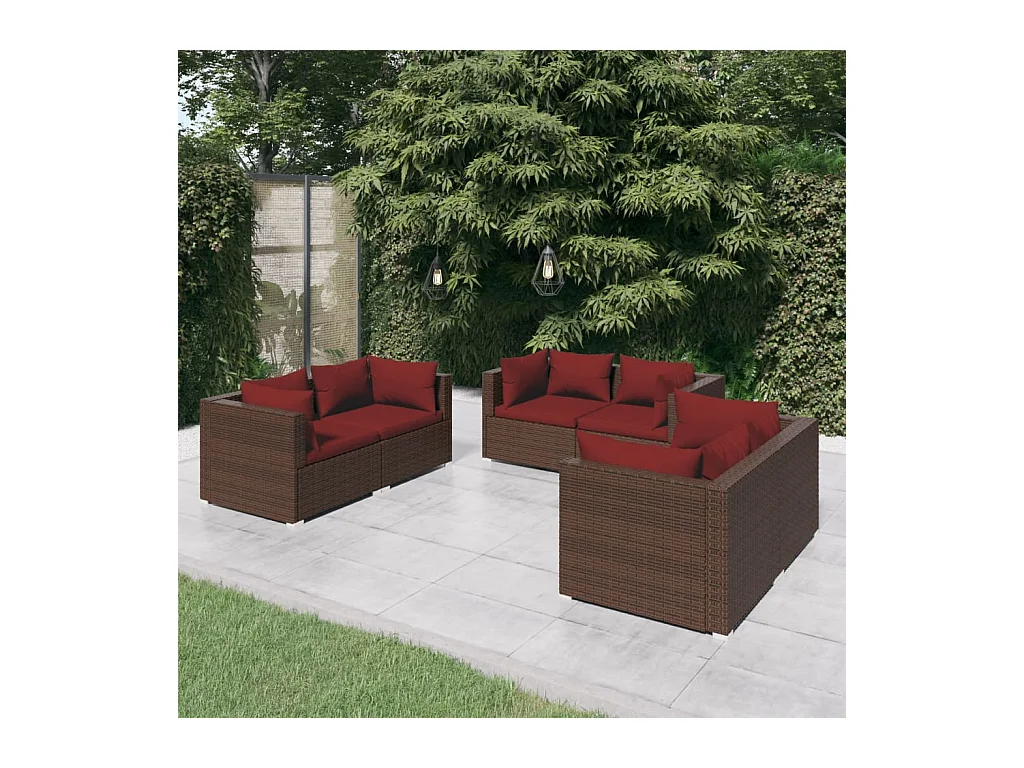 Salon de jardin 6 pièces avec coussins Résine tressée Marron
