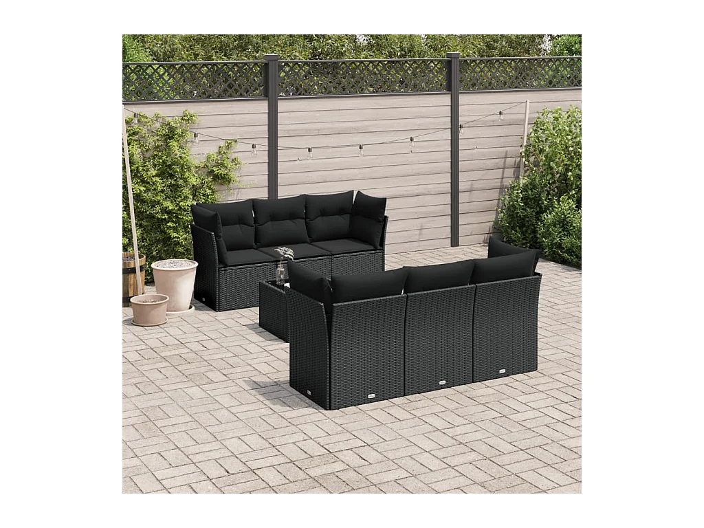 Salon de jardin 7 pièces avec coussins noir résine tressée
