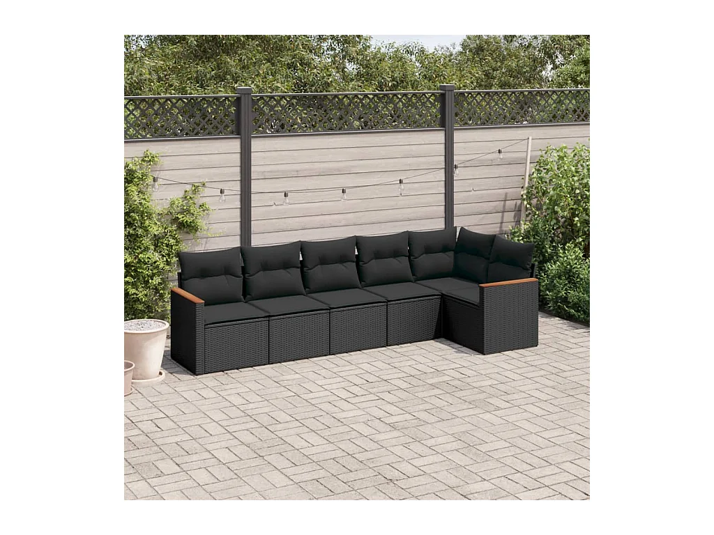 Set de sofás de jardín 6 piezas y cojines ratán sintético negro