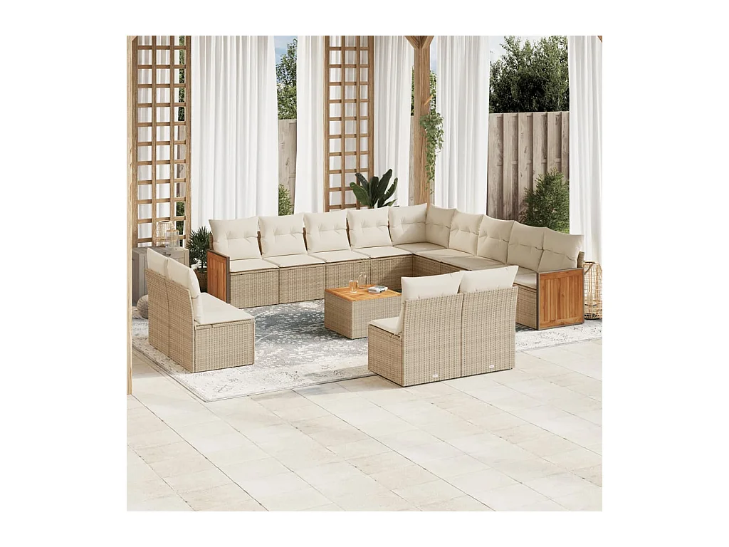 Salon de jardin avec coussins 14 pièces beige résine tressée