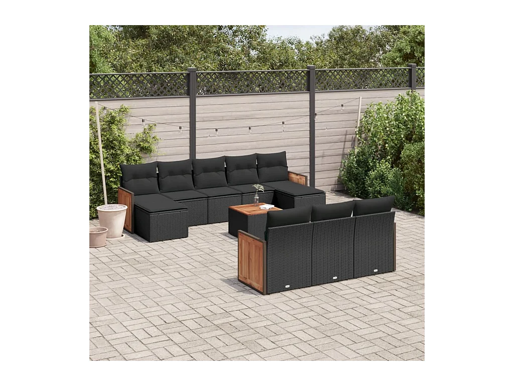 Salon de jardin 11 pièces avec coussins noir résine tressée