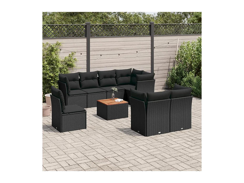 Salon de jardin 9 pièces avec coussins noir résine tressée
