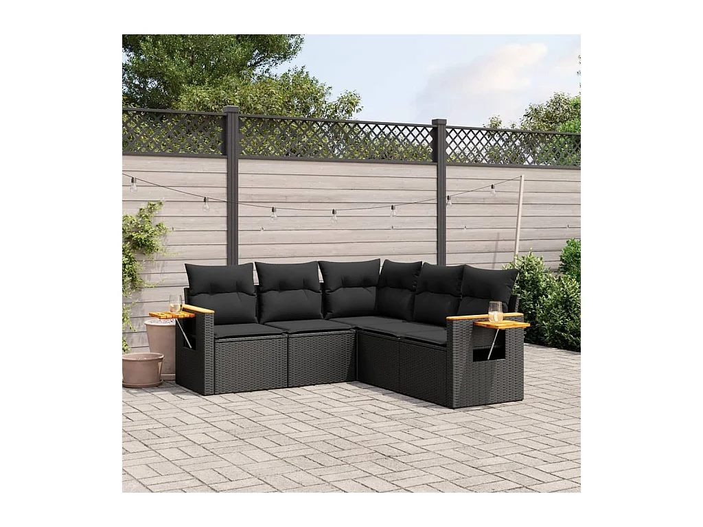 Salon de jardin 5 pièces avec coussins noir résine tressée