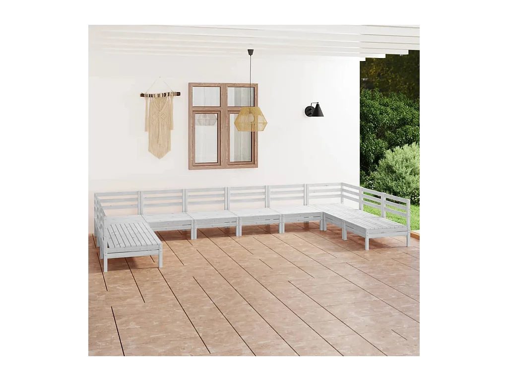 Salon de jardin 10 pièces Blanc Bois de pin massif