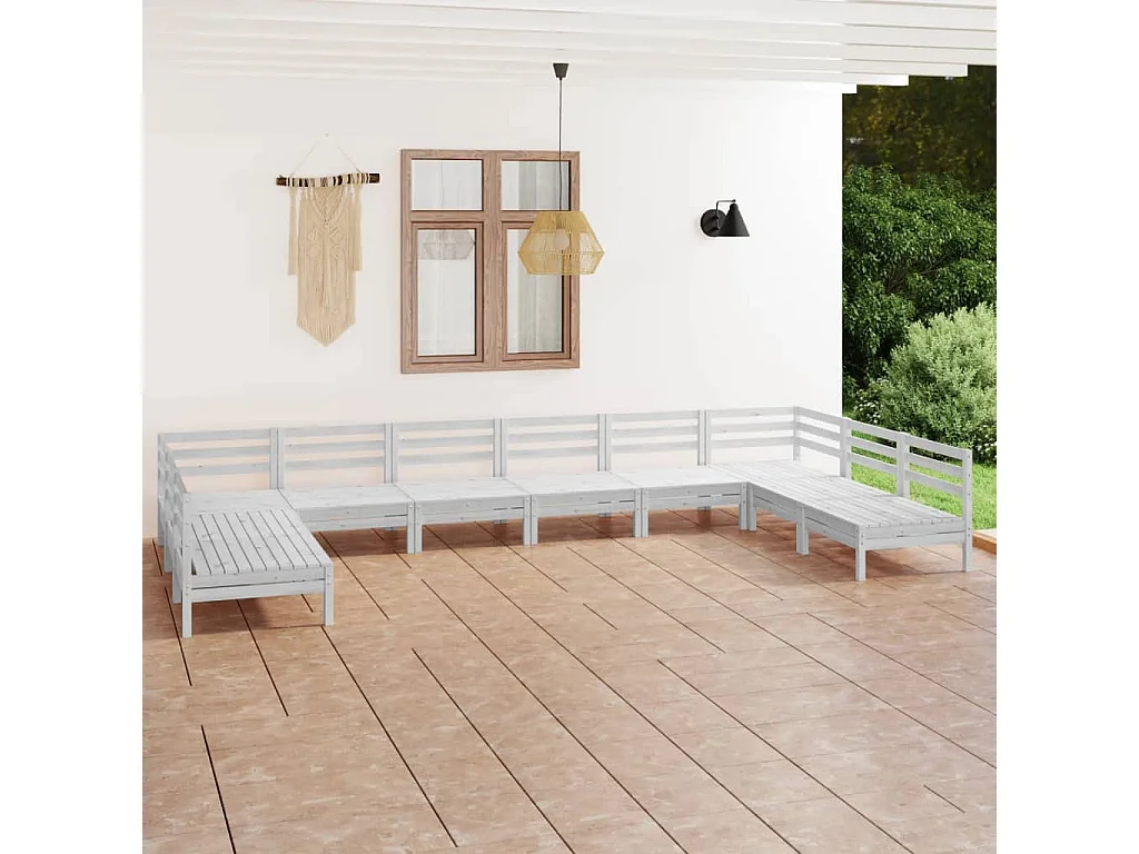 Salon de jardin 10 pièces Blanc Bois de pin massif