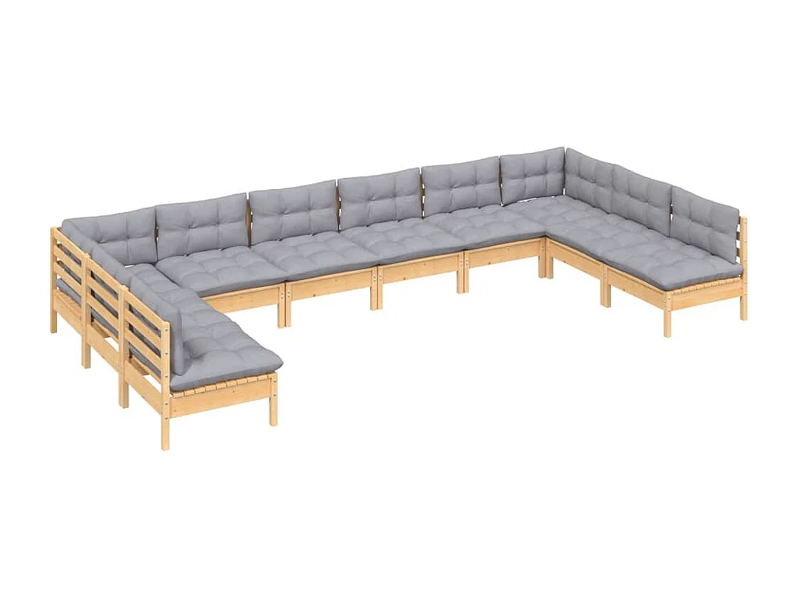 Salon de jardin 10 pièces avec coussins gris bois de pin solide