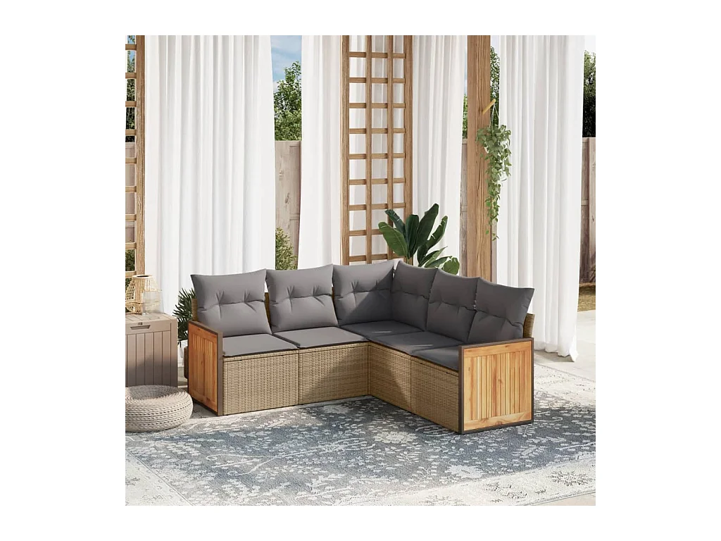 Salon de jardin avec coussins 5 pièces beige résine tressée