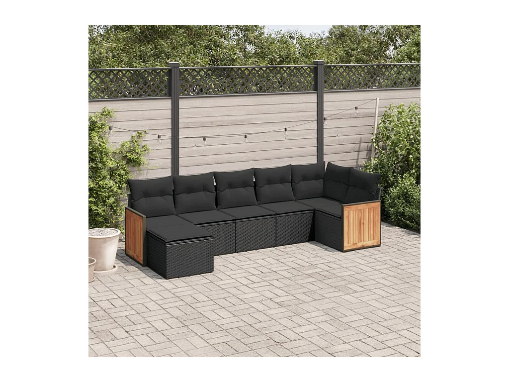 Set de comedor de jardín 7 piezas y cojines ratán sintético negro