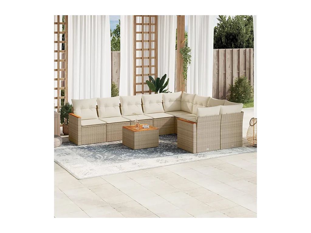 Salon de jardin avec coussins 10 pièces beige résine tressée
