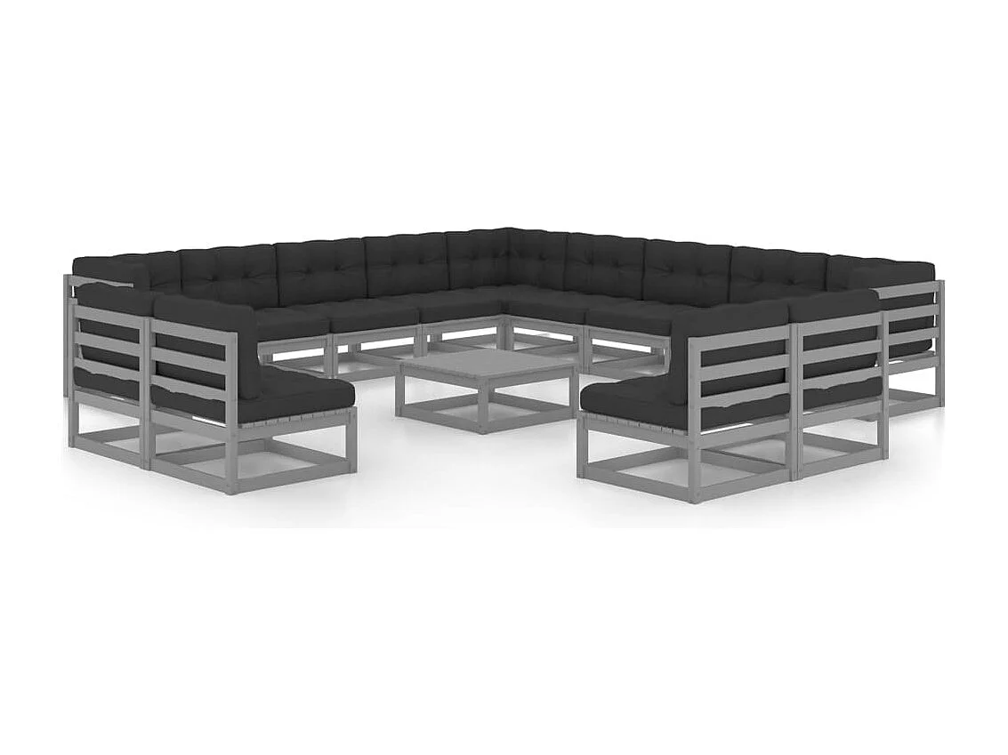 14 peças conj. lounge de jardim + almofadões pinho maciço cinza
