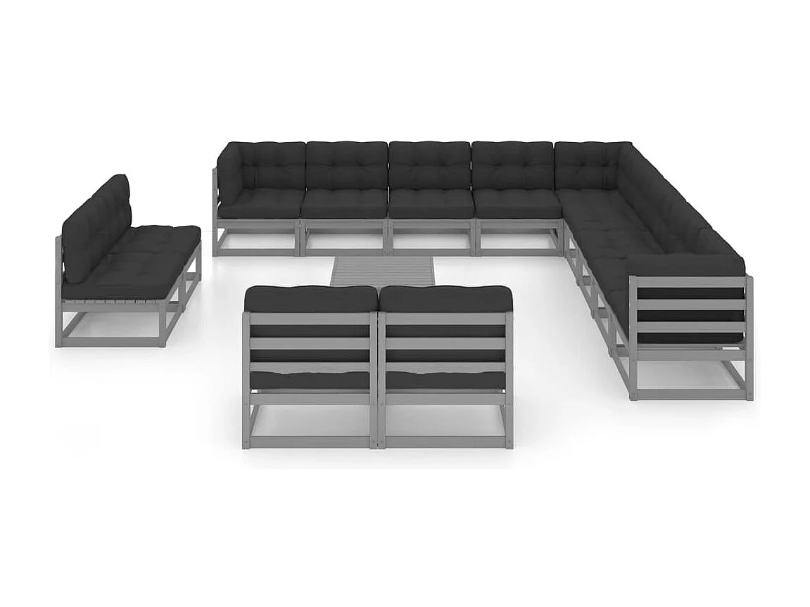 14 peças conj. lounge de jardim + almofadões pinho maciço cinza