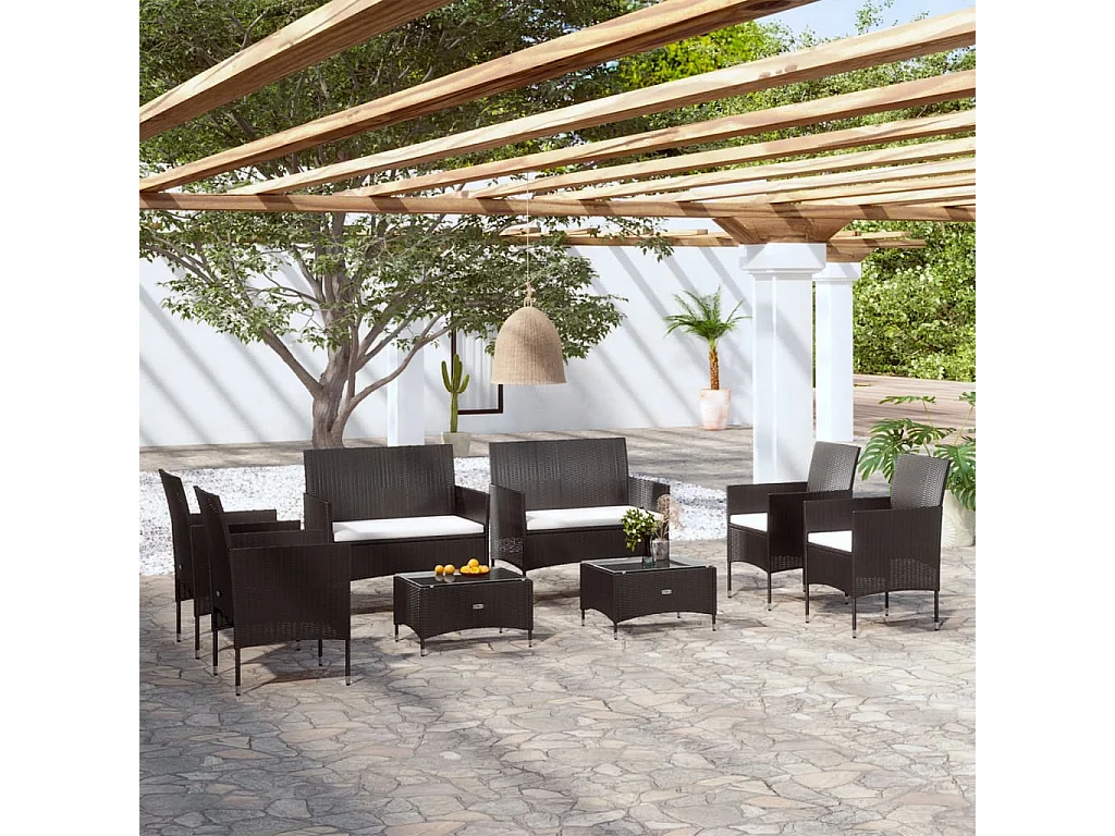 Set de muebles de jardín 8 piezas y cojines ratán sintético negro