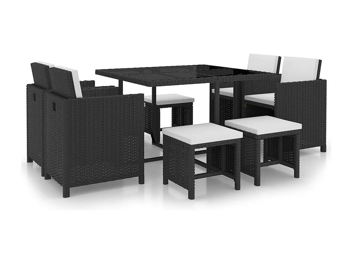 Set comedor de jardín 9 piezas y cojines ratán sintético negro