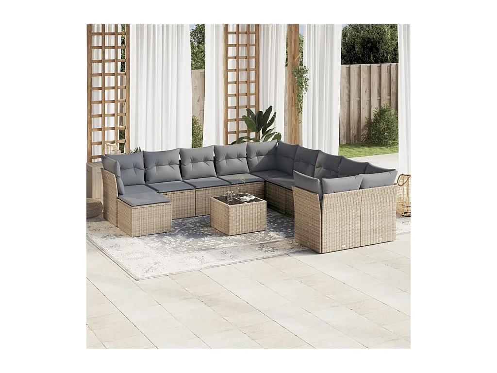Salon de jardin avec coussins 12 pièces beige résine tressée