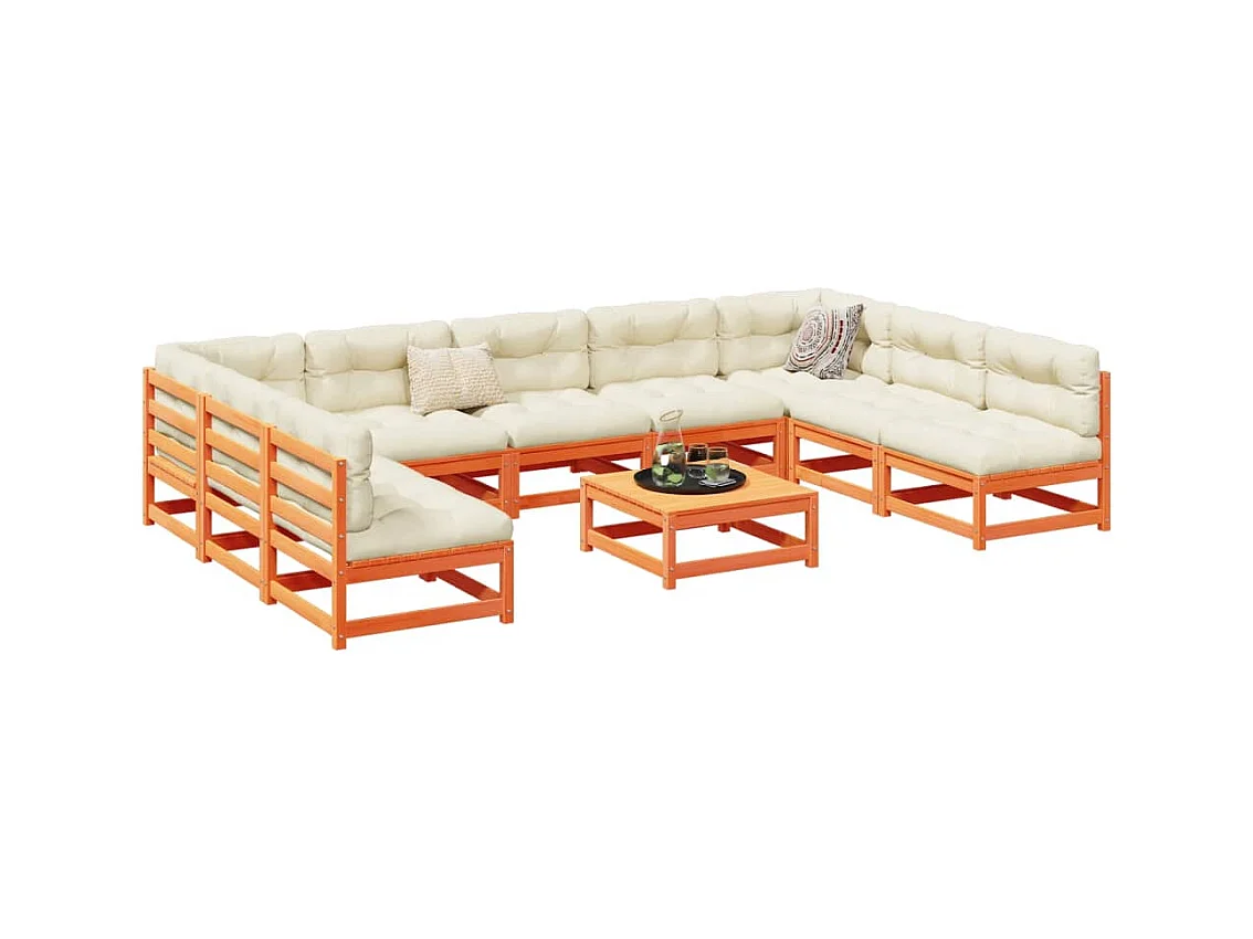 Salon de jardin 10 pièces avec coussins cire marron bois pin massif
